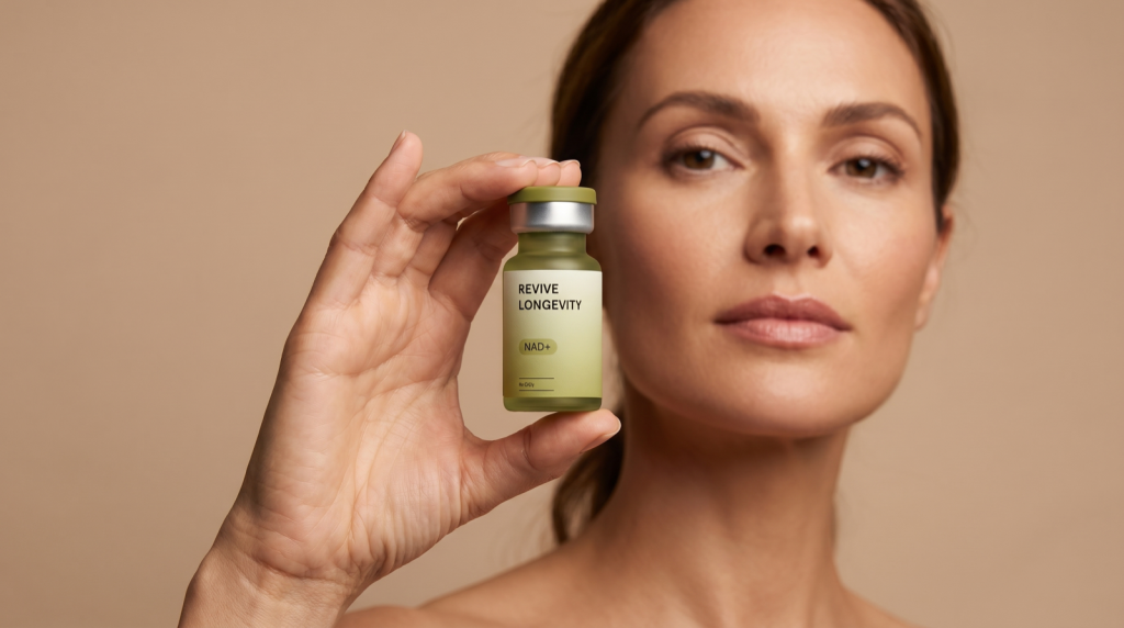 A person holding a Revive Longevity NAD+ vial in a calm, sunlit wellness setting
