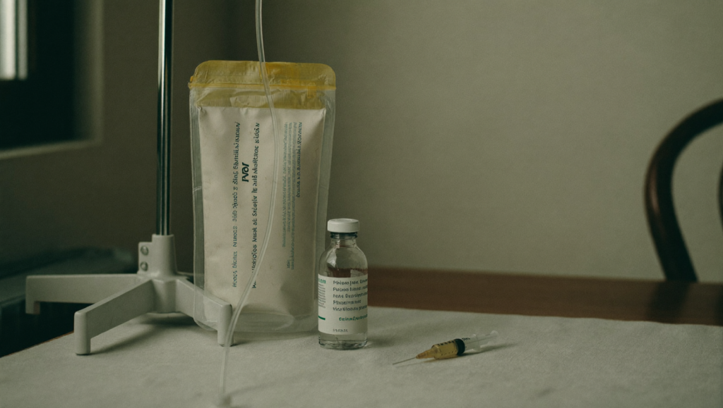 An IV drip bag on a stand next to a small glass vial and a capped syringe on a linen surface, illustrating NAD+ IV therapy versus injections