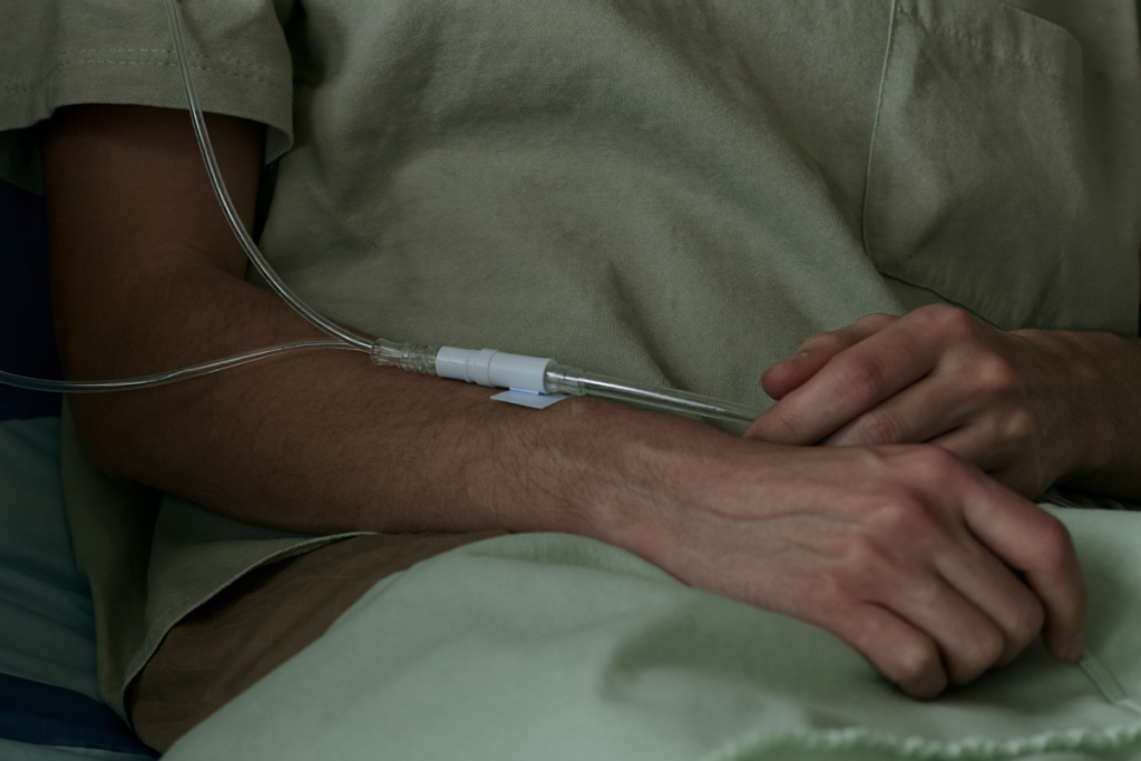 Close-up of a forearm receiving a slow intravenous infusion in a calm clinical setting