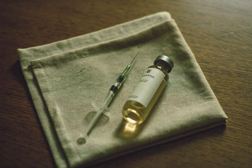 A single syringe and a plain glass vial resting on a neutral cloth on a wooden table