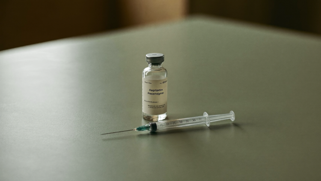 A clear sterile vial and capped syringe on a sage-green surface in soft natural light, representing compounded NAD+ injection safety