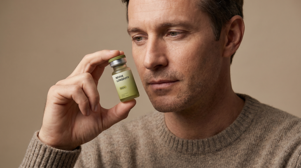 A Revive Longevity NAD+ vial in an editorial still-life on a soft sage-green surface