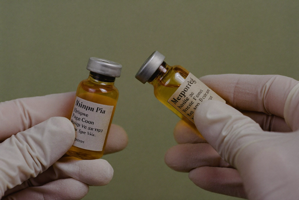 Gloved hands inspecting amber medical vials, representing sourcing, sterility, and product-quality checks
