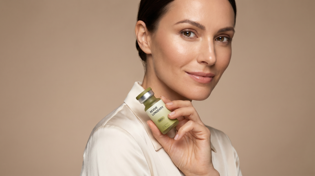 A woman holding a Revive Longevity NAD+ vial near her shoulder in a bright studio
