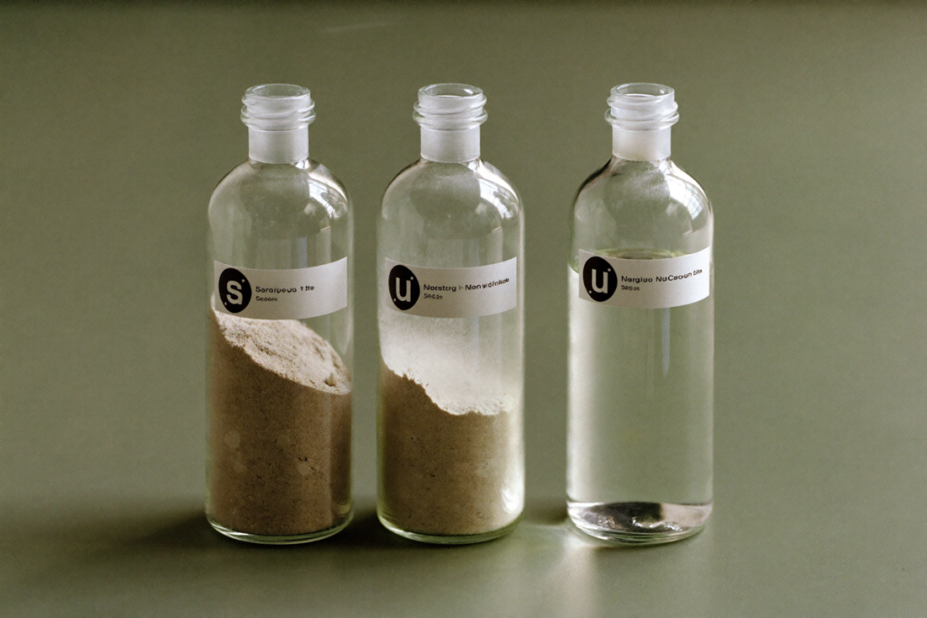 Two unlabeled glass vials, one with powder and one with liquid, comparing a precursor and a coenzyme