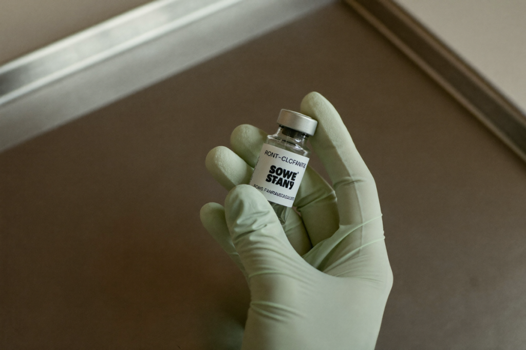Gloved hand holding a small sterile vial over a stainless tray, illustrating sterility concerns with injectable NAD+