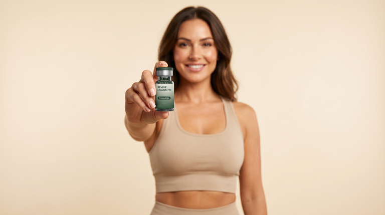 A person holding a Revive Longevity tirzepatide vial in a calm, sunlit wellness setting