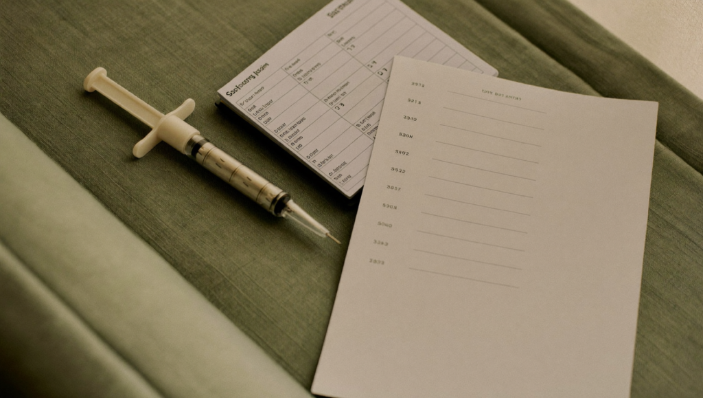 Unbranded weekly injection pen beside a blank schedule on a sage-green surface representing a semaglutide dosing chart