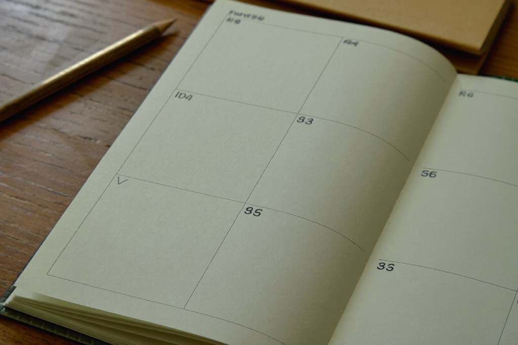 A simple weekly planner with small checkmarks suggesting a multi-week timeline