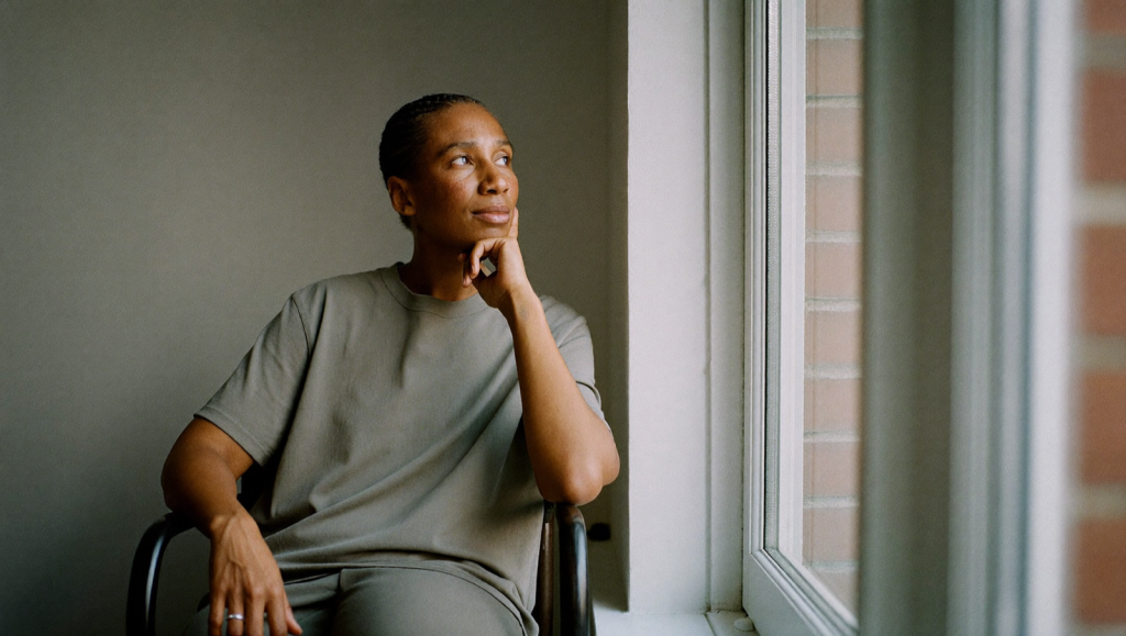 A calm middle-aged person sitting in soft morning light by a window, reflecting quietly