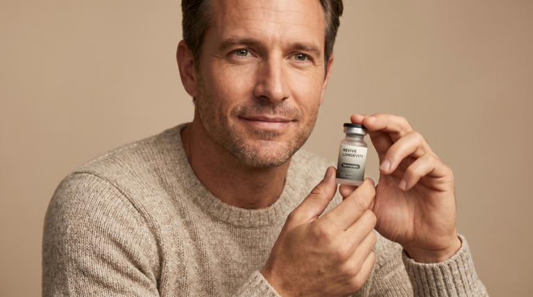 A person holding a Revive Longevity sermorelin vial in a calm, sunlit wellness setting