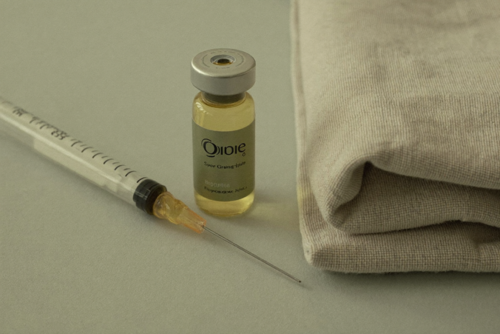 A small unlabeled medical vial and a fine syringe resting on a clean neutral surface