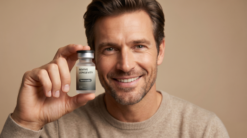 A person holding a Revive Longevity sermorelin vial in a calm, sunlit wellness setting