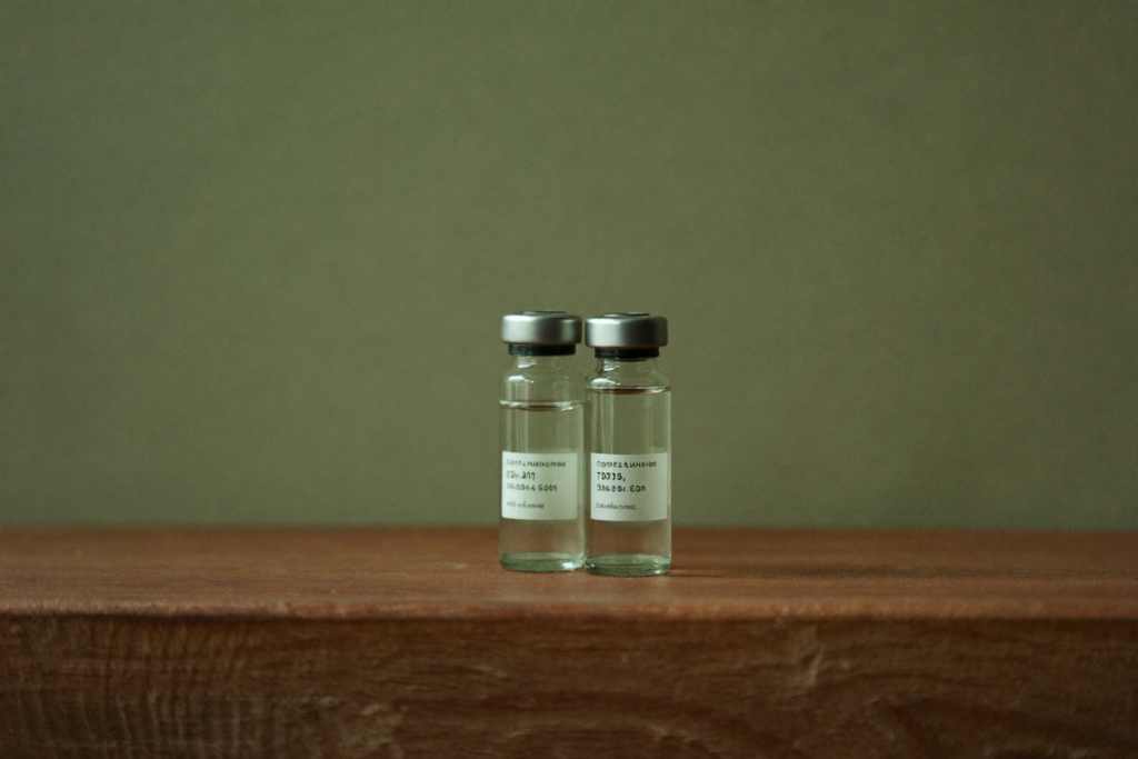 Two plain glass vials side by side on a wooden surface in muted light