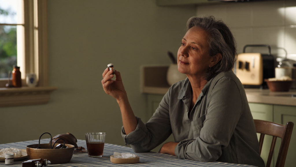 A person in plain clothing examines a small unlabeled medical vial at a table in soft evening light