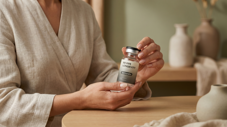 A Revive Longevity sermorelin vial in an editorial still-life on a soft sage-green surface