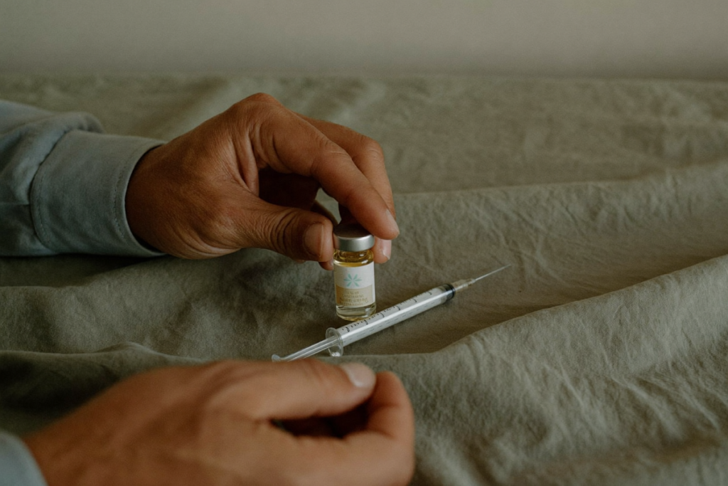 Hands holding a small unlabeled vial and a thin syringe resting on a cloth
