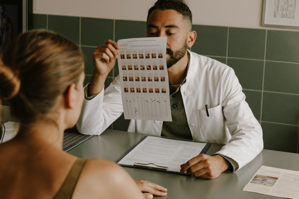 A clinician and patient reviewing a printed lab result together at a consultation desk