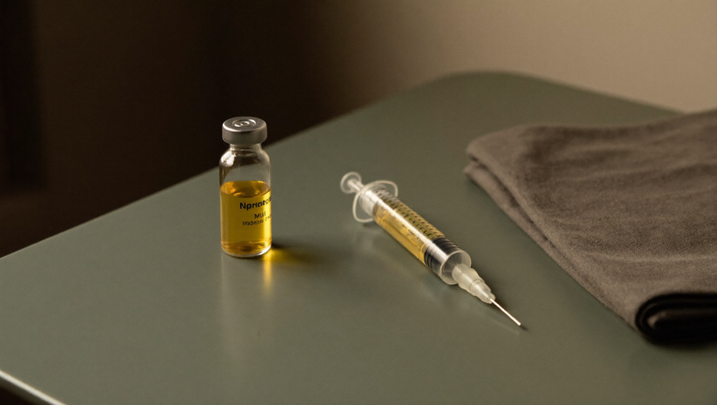 A plain glass vial and capped syringe on a sage-green surface in soft natural light