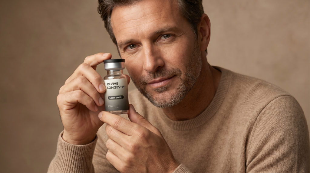 A Revive Longevity sermorelin vial in an editorial still-life on a soft sage-green surface