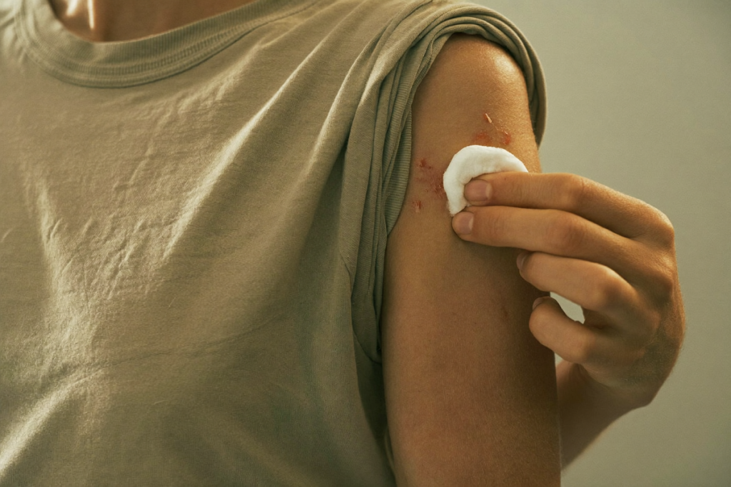 A hand pressing a cotton round to the upper arm after a subcutaneous injection
