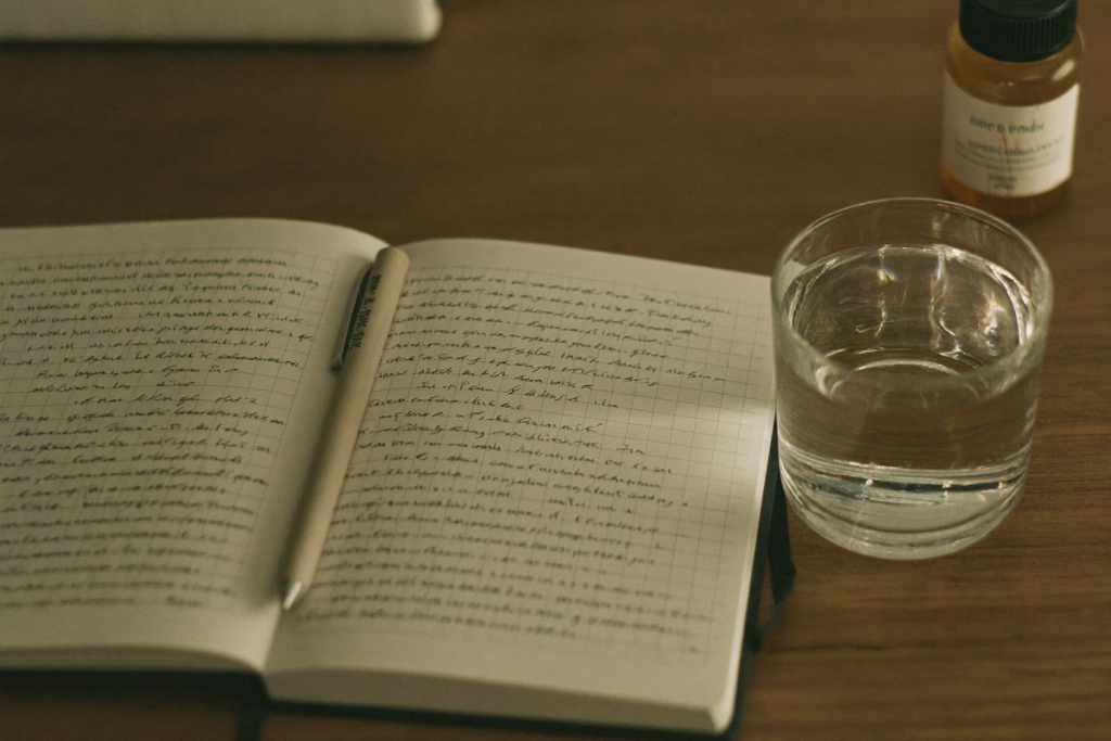 A blank notebook, pen, glass of water, and a small amber vial on a wooden desk