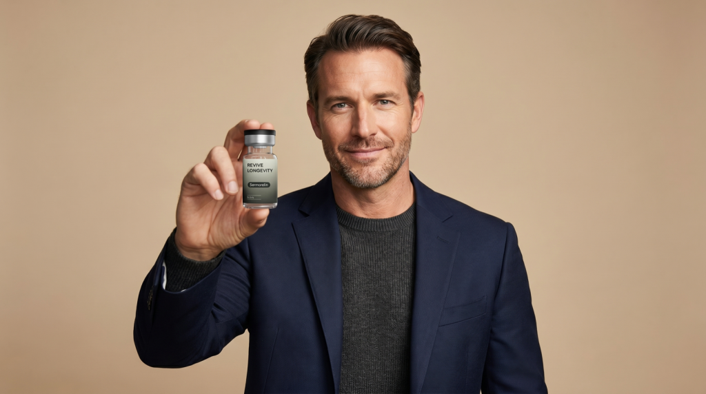 A man presenting a Revive Longevity sermorelin vial in an editorial studio