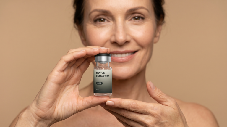 A person holding a Revive Longevity HRT vial in a calm, sunlit wellness setting