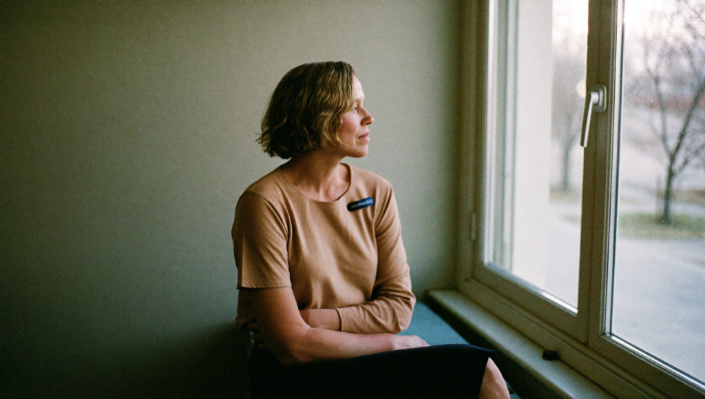 A woman in her early fifties sitting by a window in soft natural light, looking thoughtful
