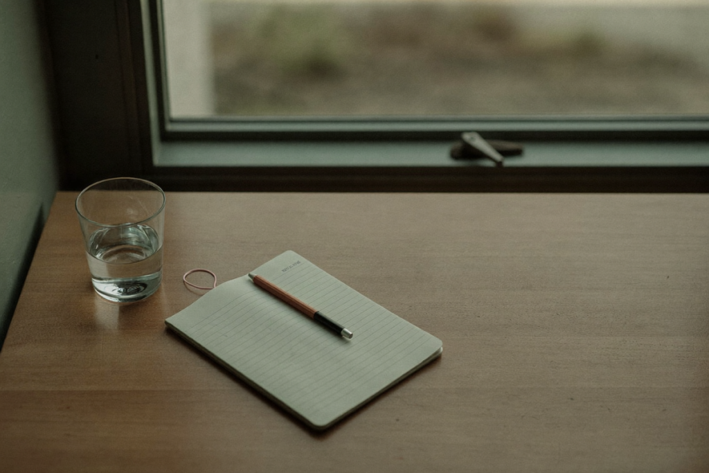 A plain notebook and a glass of water on a wooden table in soft natural light