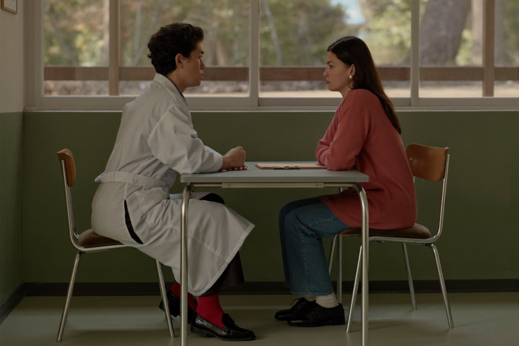 A patient and a provider in a calm conversation across a table in a quiet room