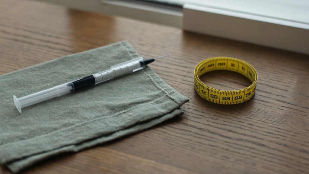 A weekly injection pen and a coiled measuring tape on a sage cloth, evoking a gradual weight-change timeline