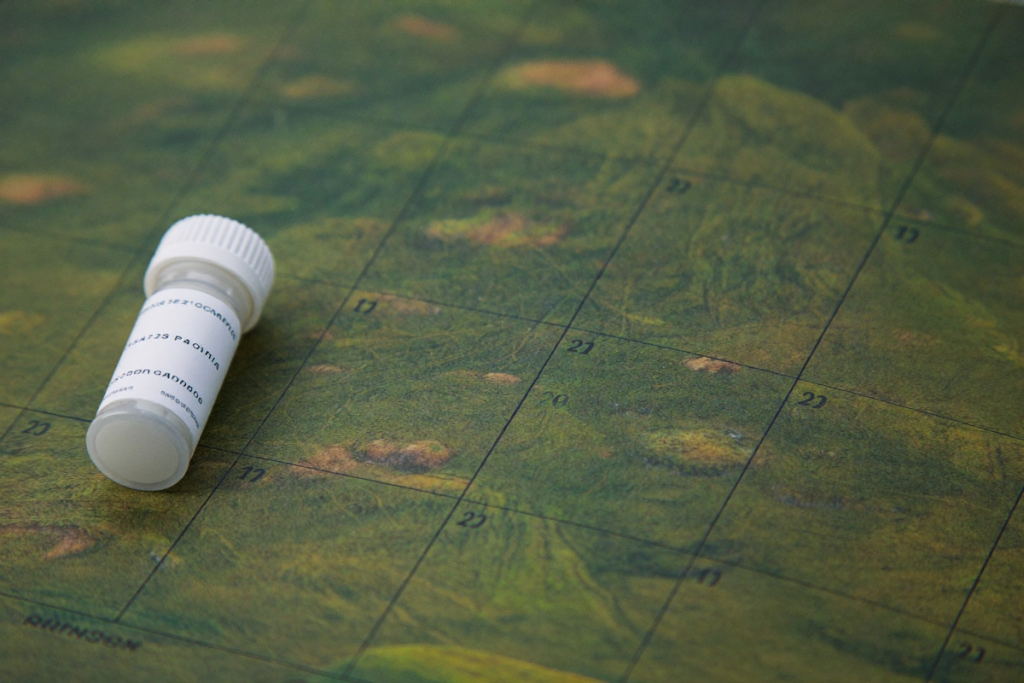 A blank calendar page beside a small unlabeled vial, suggesting a multi-month treatment timeline