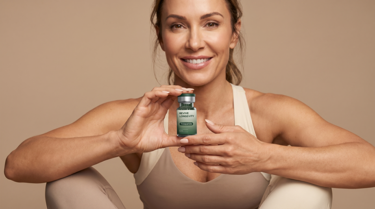 A person holding a Revive Longevity tirzepatide vial in a calm, sunlit wellness setting