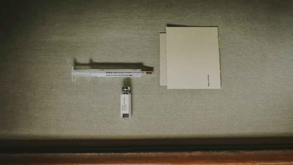 Unbranded injection pen and small vial on a sage-green linen surface, suggesting tirzepatide safety questions