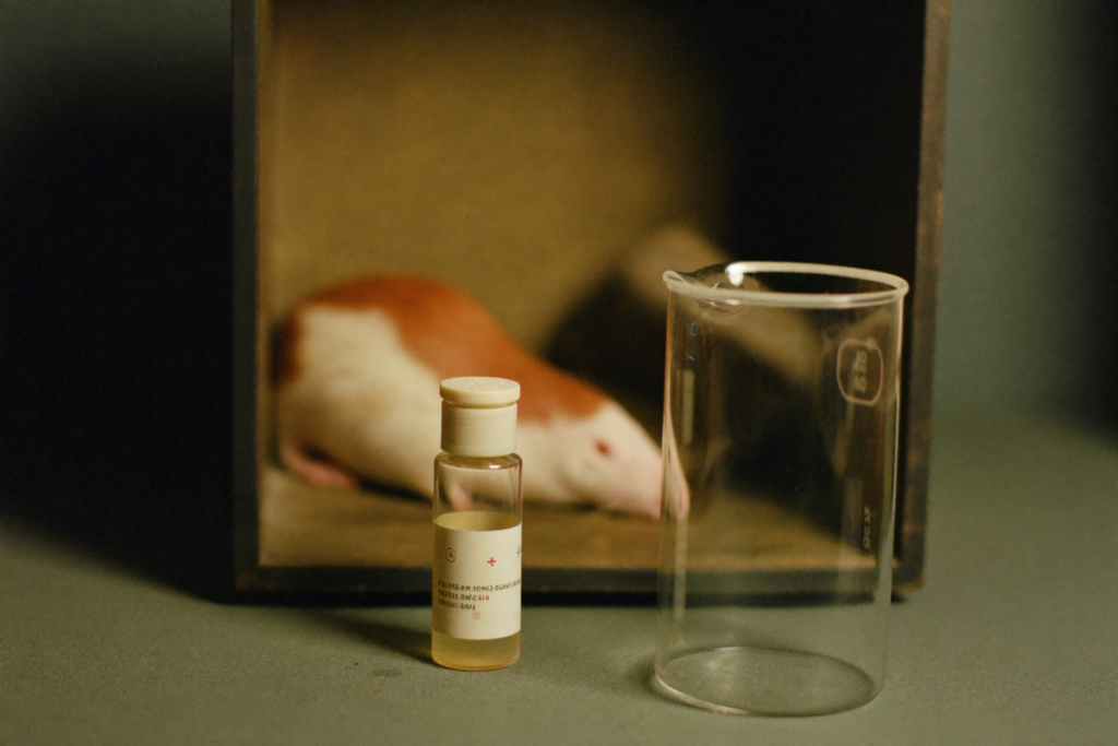 Out-of-focus rodent research setting with a vial in focus, illustrating that the cancer warning is based on rat studies