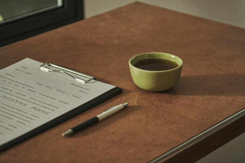 Plain clipboard and pen on a warm-toned desk, evoking a medical history review with a provider