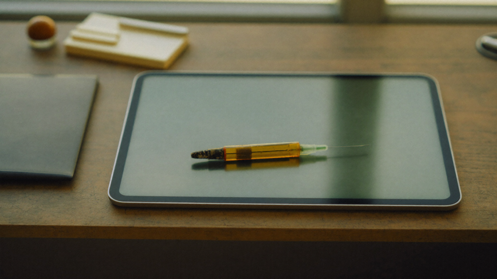A plain unbranded weekly injection pen beside a simple calendar on a neutral wood desk in soft sage-toned light