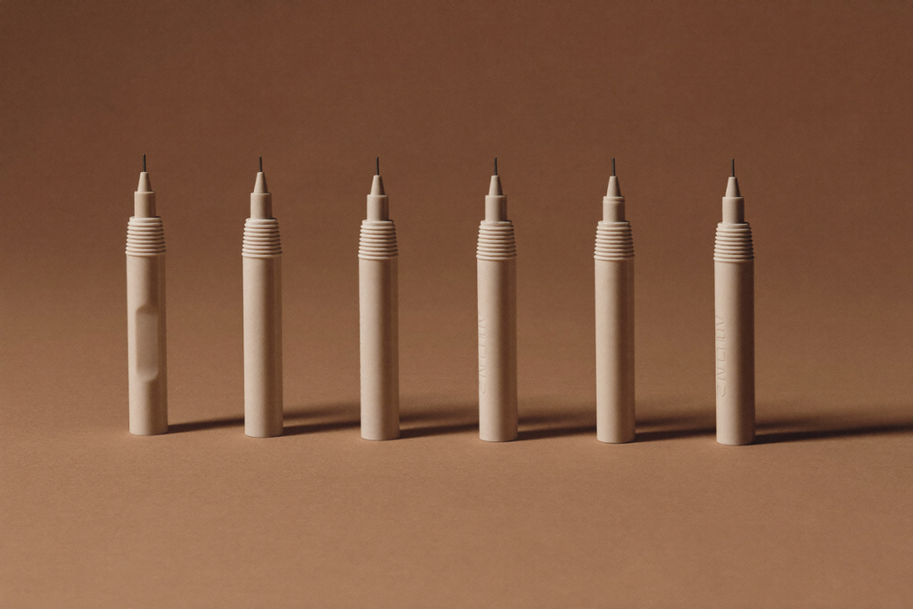 Six identical unbranded single-dose pens arranged in ascending order on linen, suggesting stepwise dosing strengths