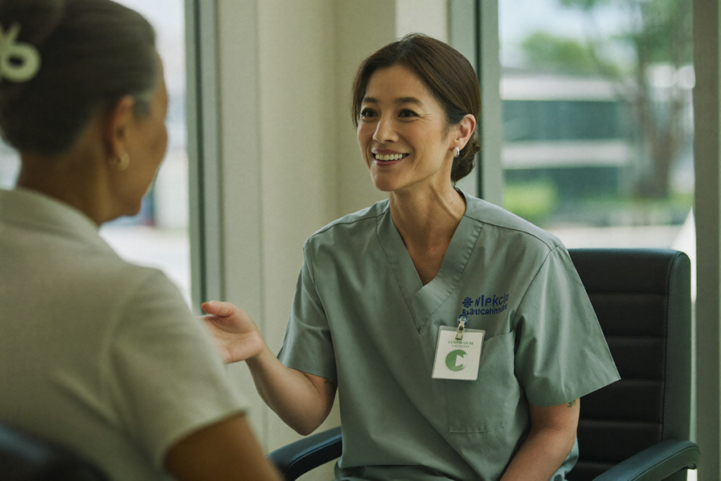 A plainly dressed healthcare provider speaking with a patient across a simple table in a softly lit room