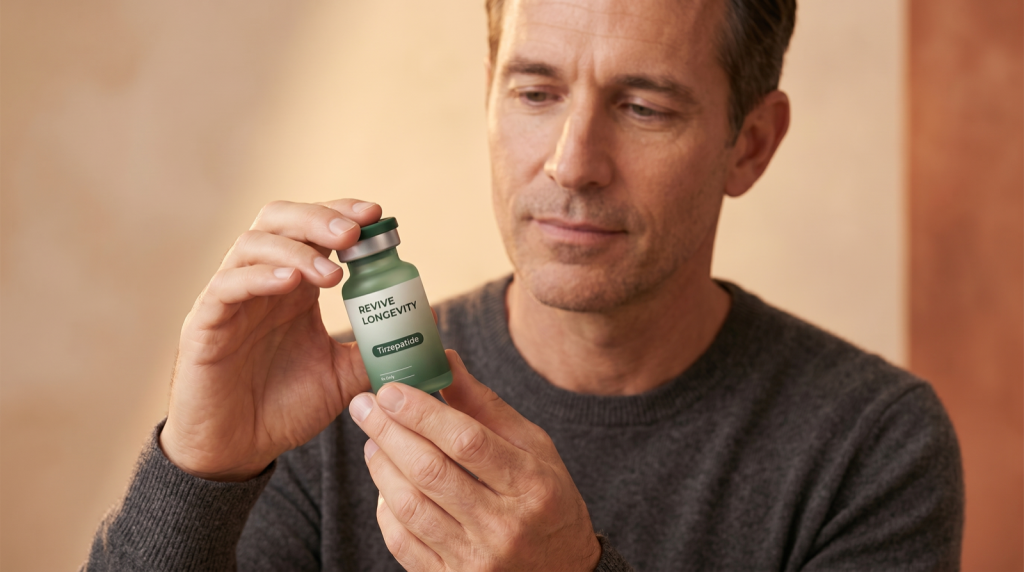 A Revive Longevity tirzepatide vial in an editorial still-life on a soft sage-green surface