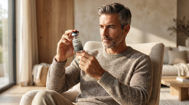 A man examining a Revive Longevity testosterone vial in a calm, warm home setting