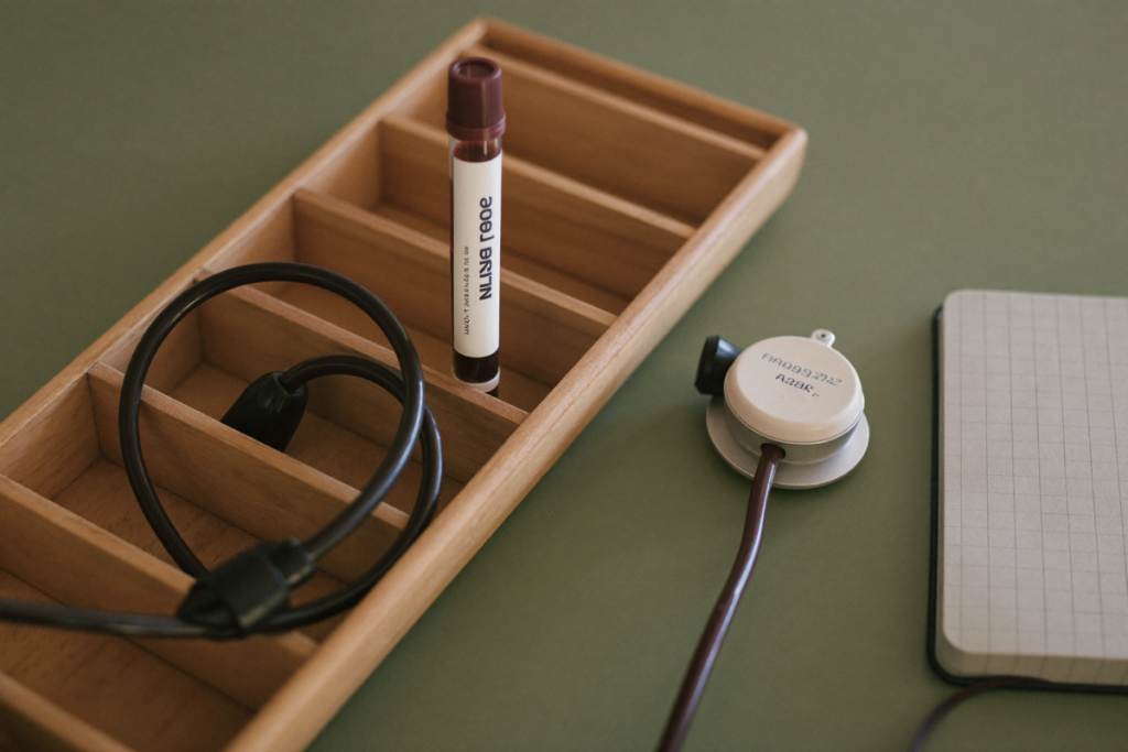 A blood tube, blood-pressure cuff, and notebook representing the lab and blood-pressure monitoring TRT requires
