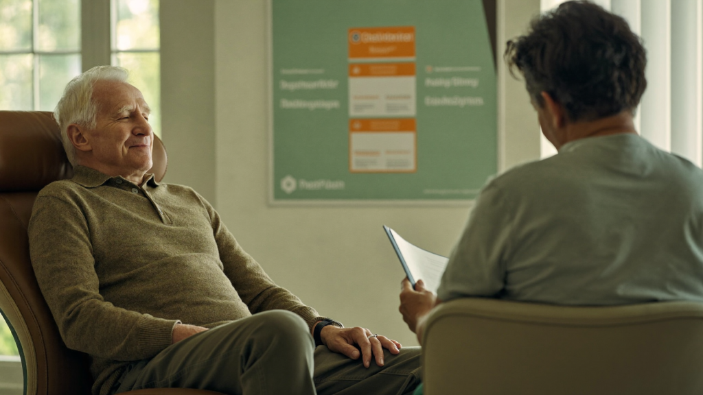 A man reviewing a printed lab report with a healthcare provider in a calm sage-green clinic consultation room