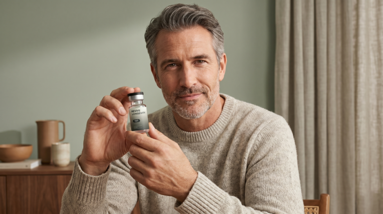 A Revive Longevity TRT vial in an editorial still-life on a soft sage-green surface