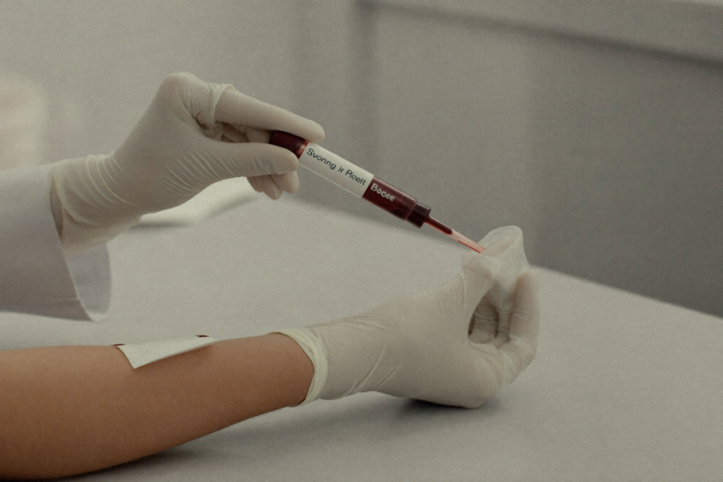 A gloved hand collecting a blood sample into a vial at a calm clinical lab station