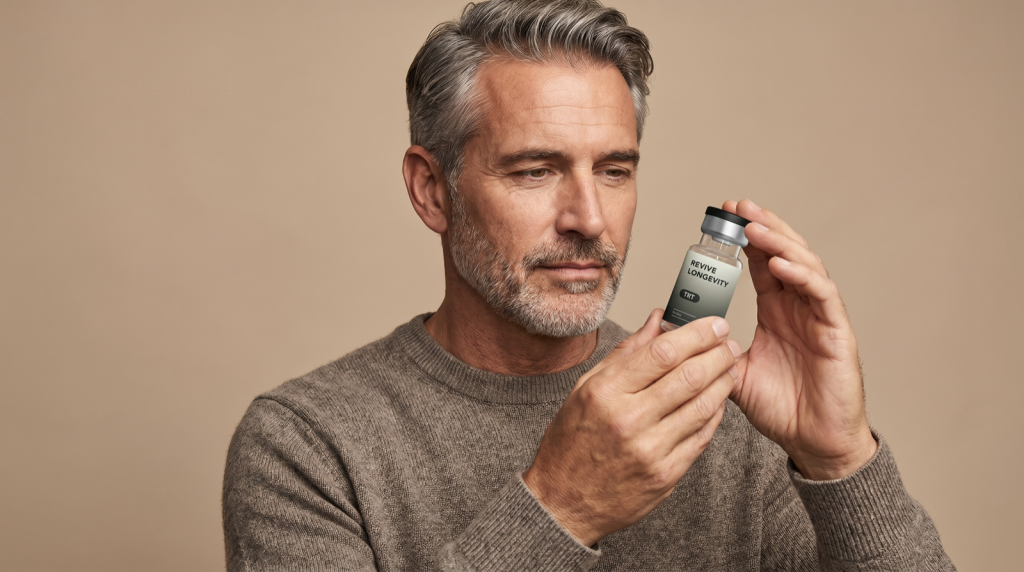 A man thoughtfully holding a Revive Longevity testosterone vial in a soft-lit studio