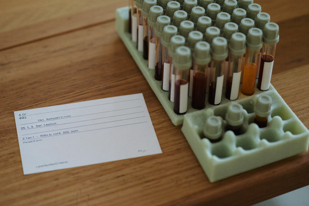 Empty blood-draw vials in a rack beside a blank lab card representing recurring TRT monitoring labs