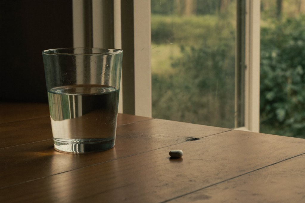 A single plain oral tablet beside a glass of water in soft morning light