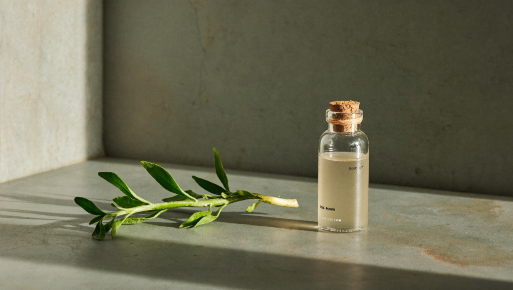 A clear glass vial of pale liquid on a sage-green surface in soft natural light
